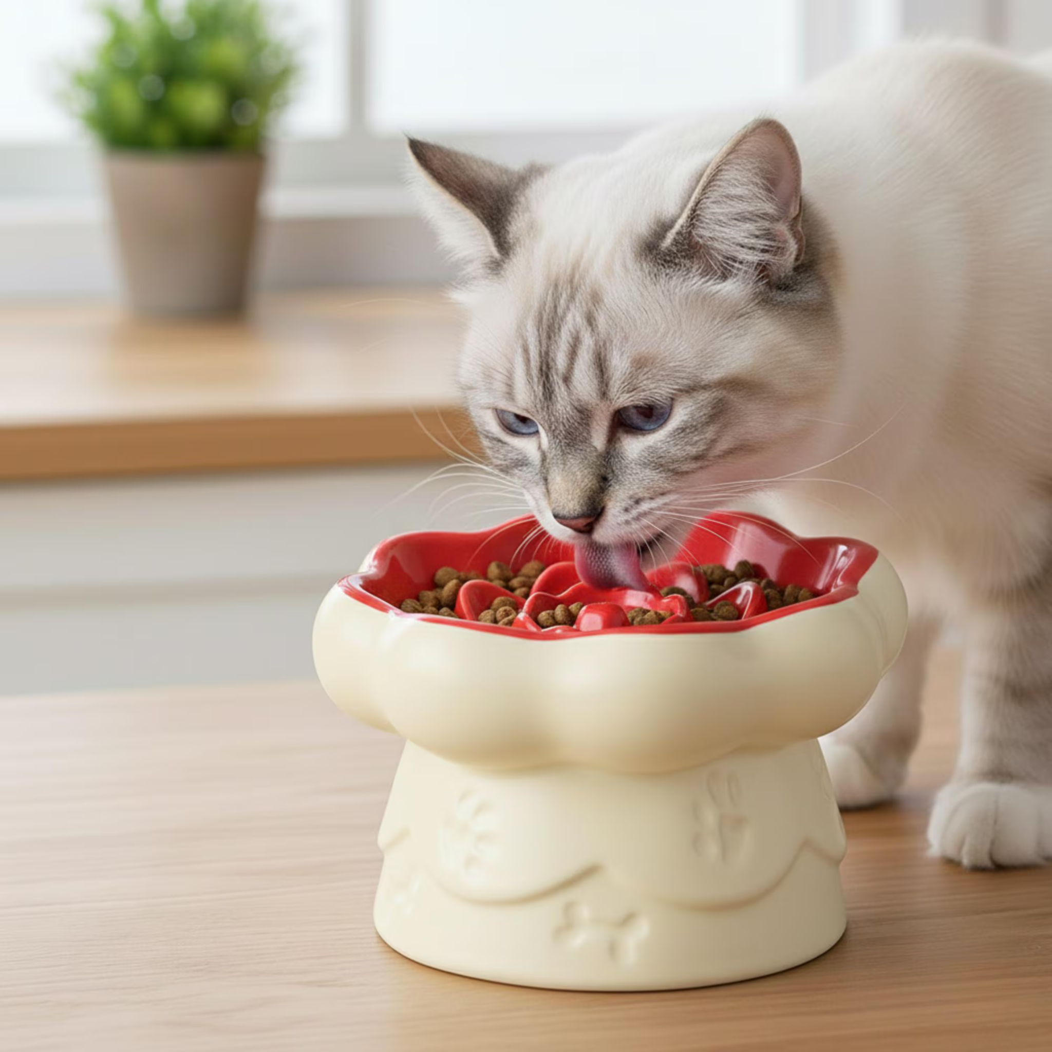 Slow Feeder Cat Bowl Ceramic | Anti-Gulp Flower Design | Free Shipping