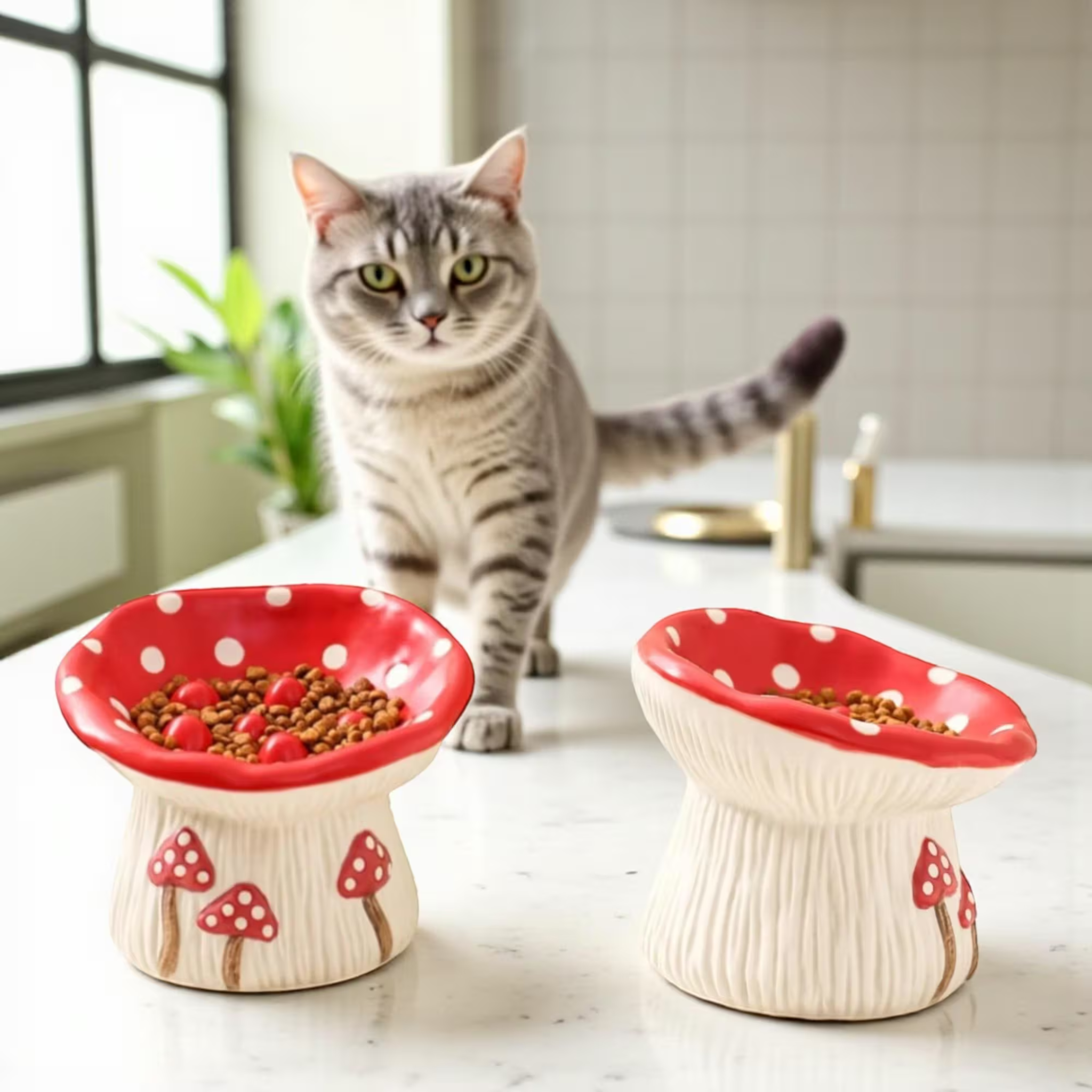 Mushroom Ceramic Slow Feeder Cat Bowl – Elevated Whisker Relief
