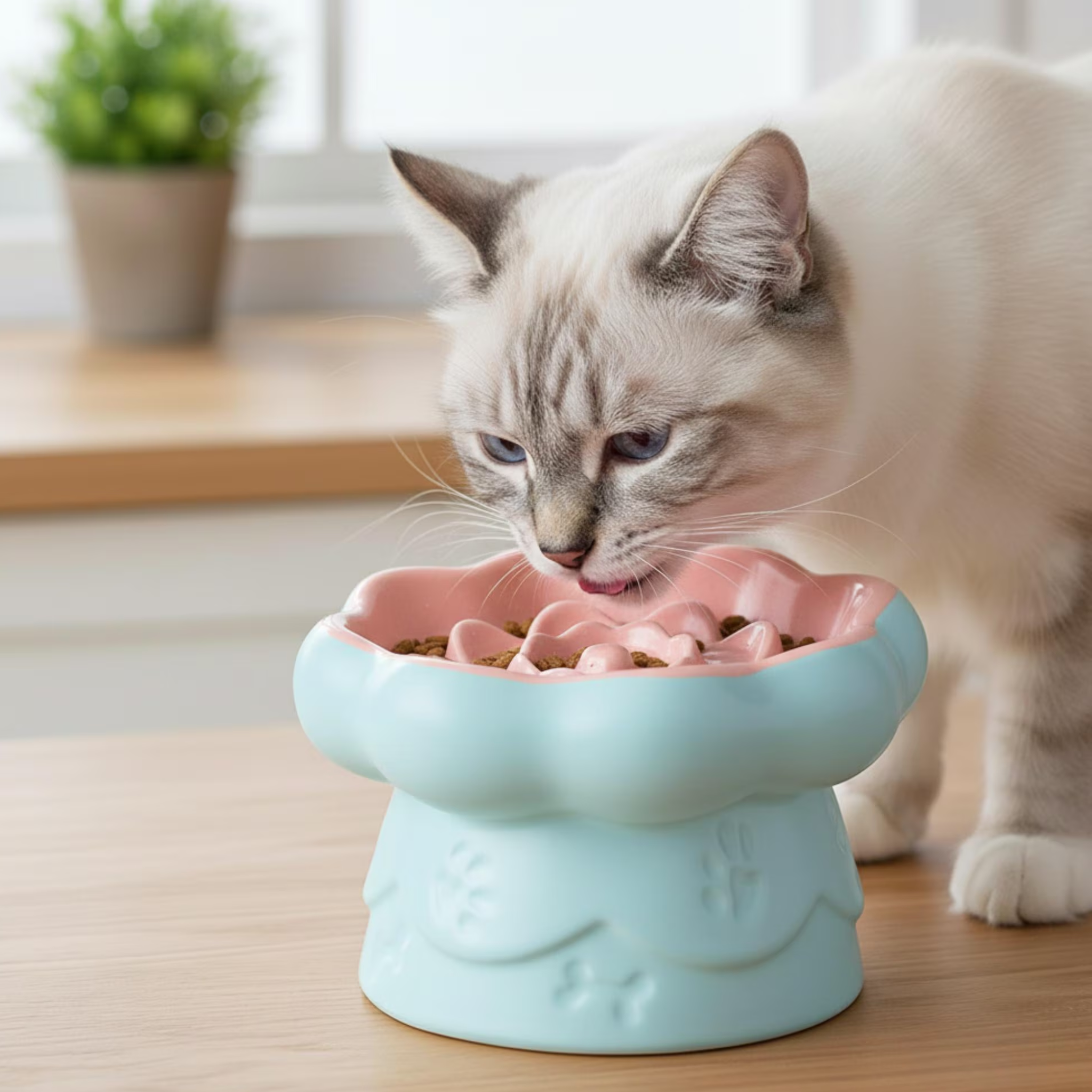 Slow Feeder Cat Bowl Ceramic | Anti-Gulp Flower Design | Free Shipping