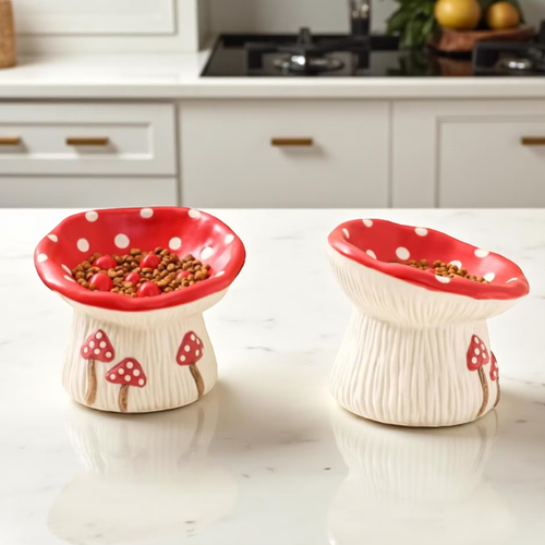 Mushroom Ceramic Slow Feeder Cat Bowl – Elevated Whisker Relief