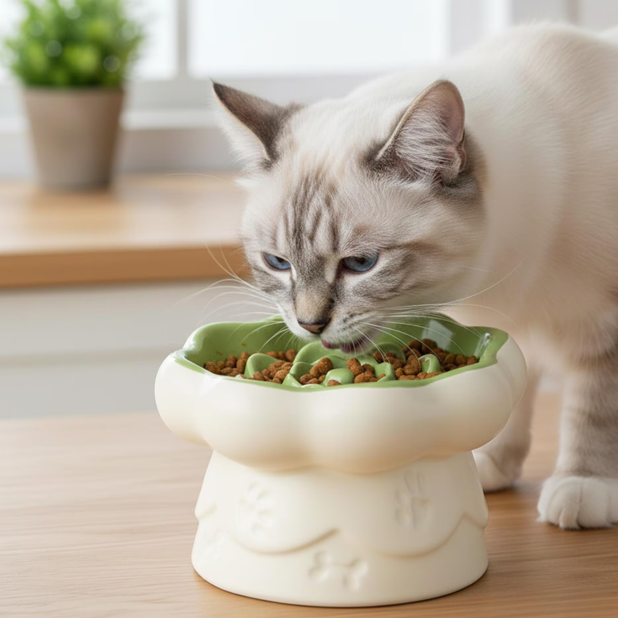 Slow Feeder Cat Bowl Ceramic | Anti-Gulp Flower Design | Free Shipping