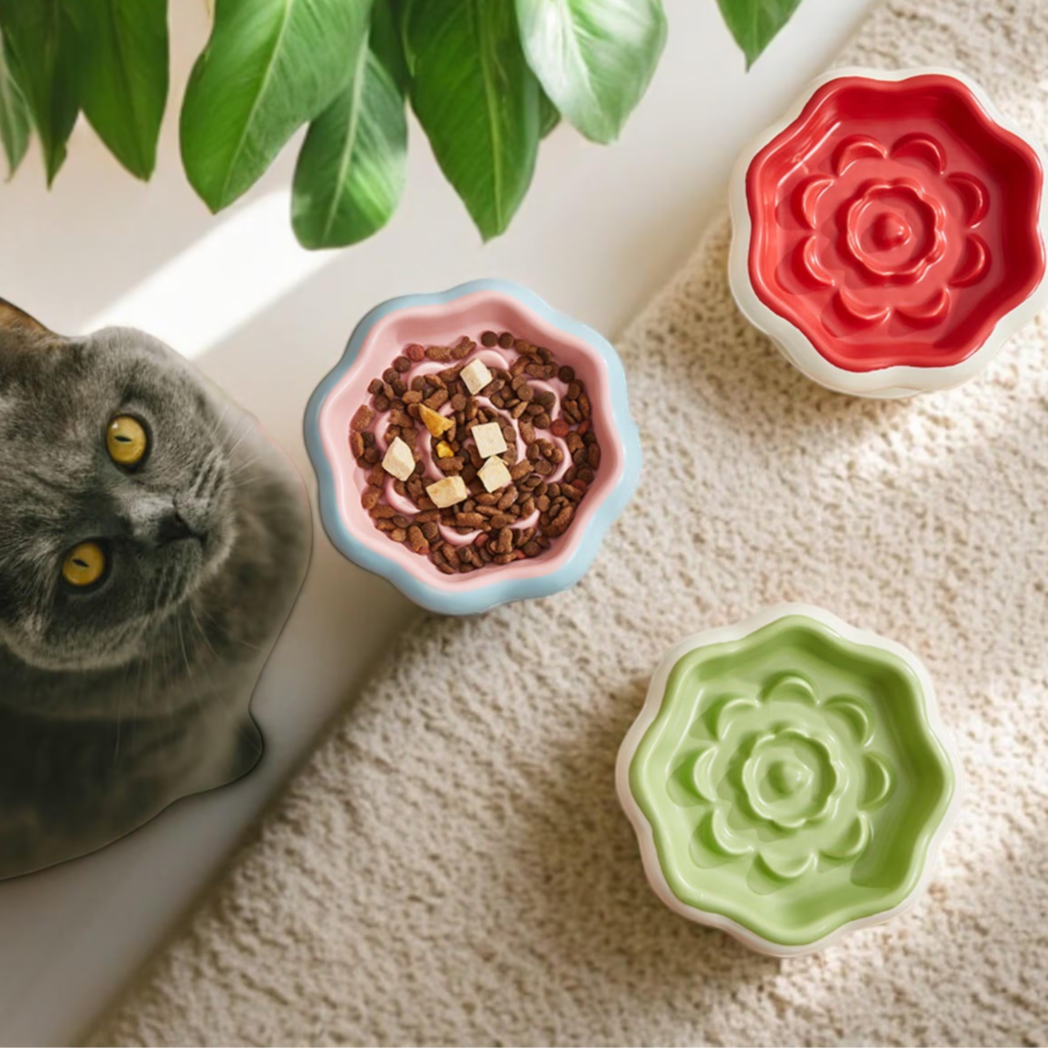 Slow Feeder Cat Bowl Ceramic | Anti-Gulp Flower Design | Free Shipping
