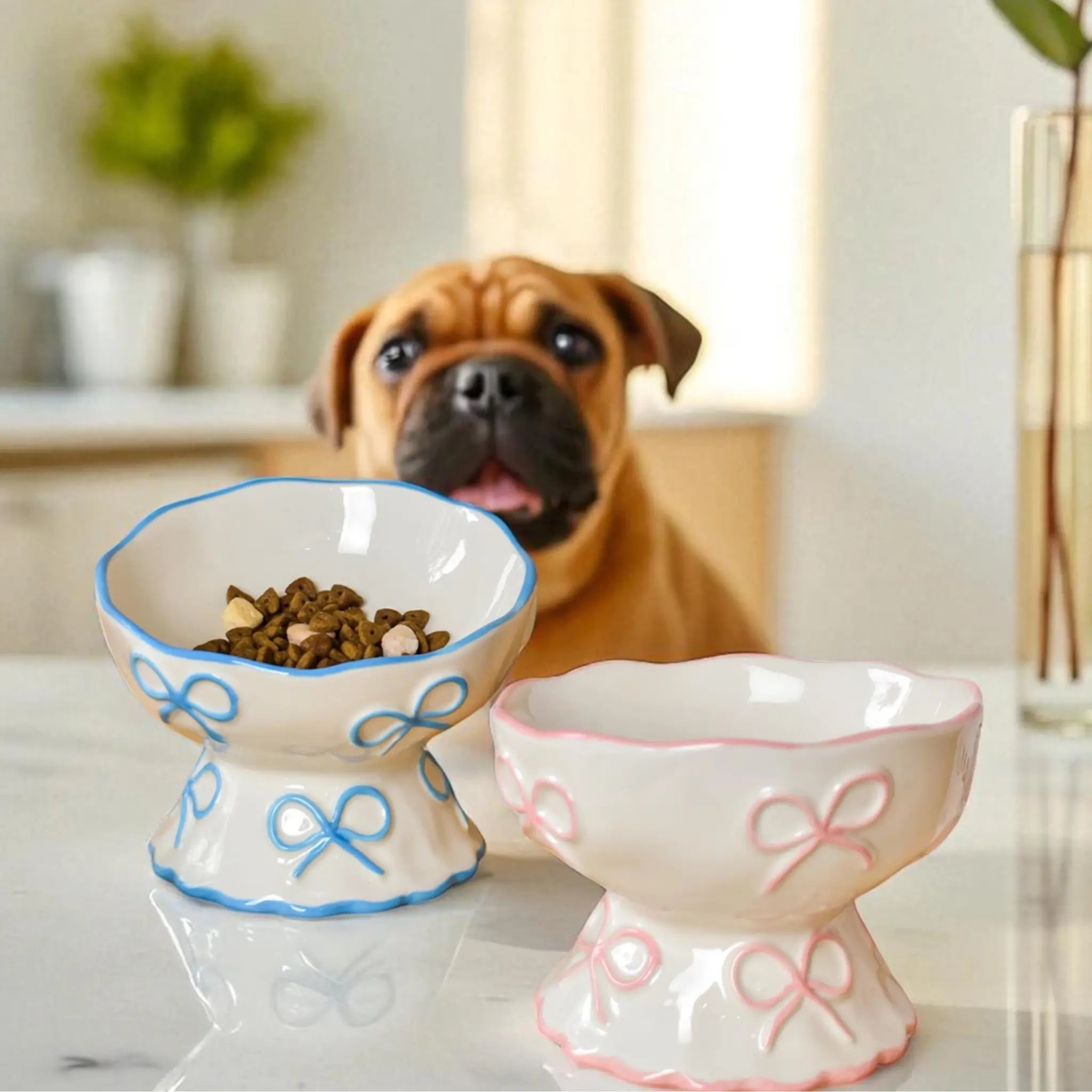 Lifestyle shot of a small brown dog looking at two elevated pink and blue ribbon ceramic bowls on a white marble surface.