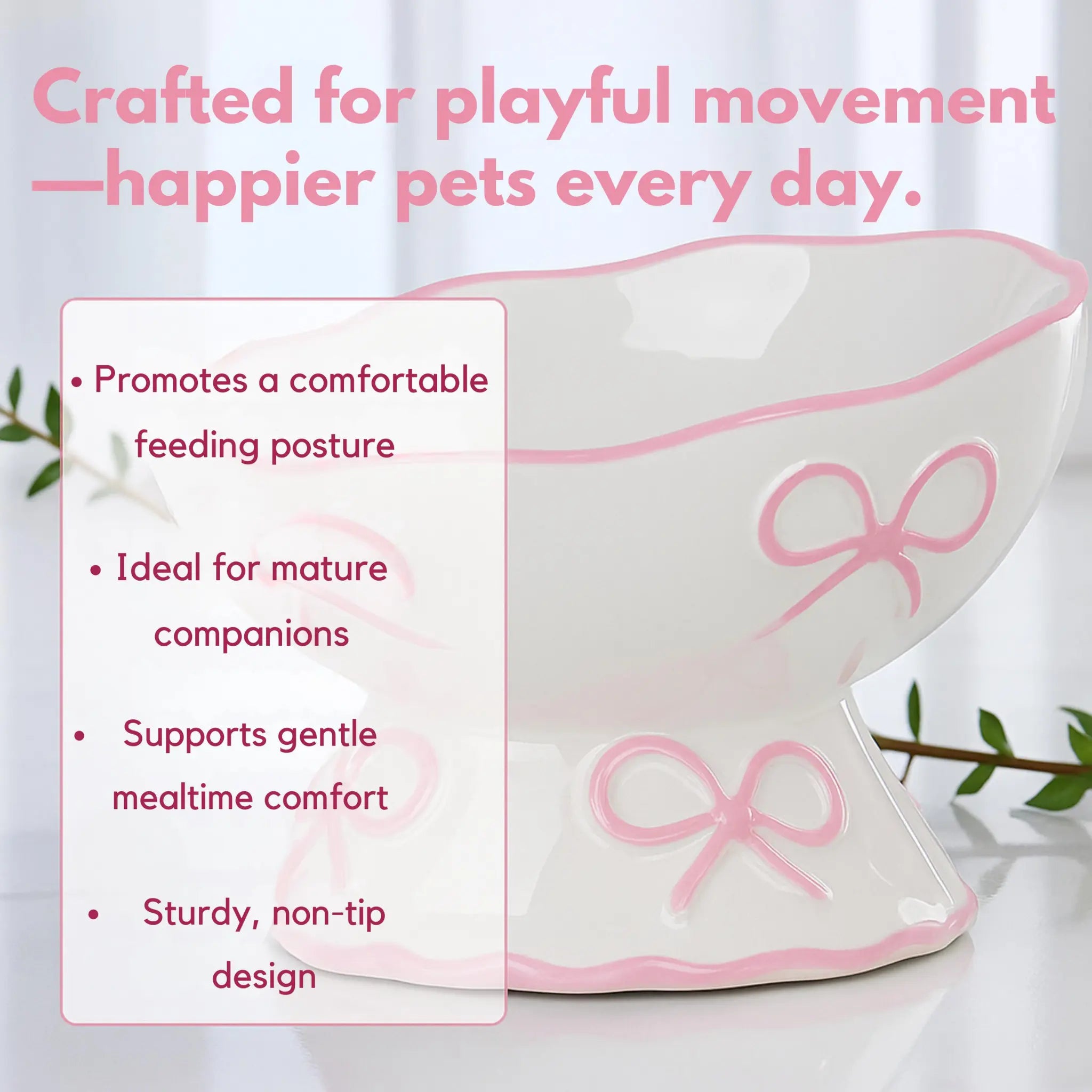 Infographic of a pink ribbon raised ceramic cat bowl highlighting its non-tip design and ergonomic benefits for senior pets and mealtime comfort.