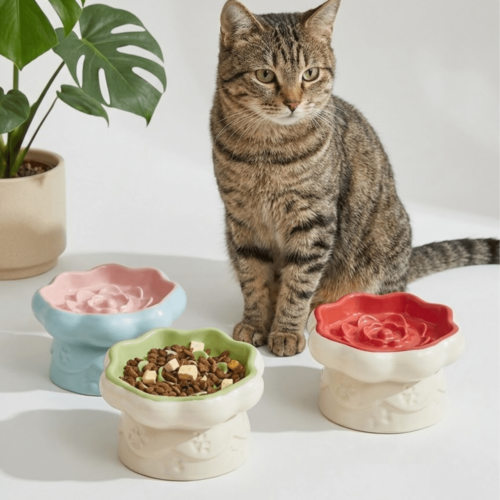 Premium set of three ceramic pet bowls with a delicate floral pattern, in blush pink, sky blue, and sage green. Photographed in a serene, minimalist home setting with a curious tabby cat, showcasing the product in a luxury lifestyle context.