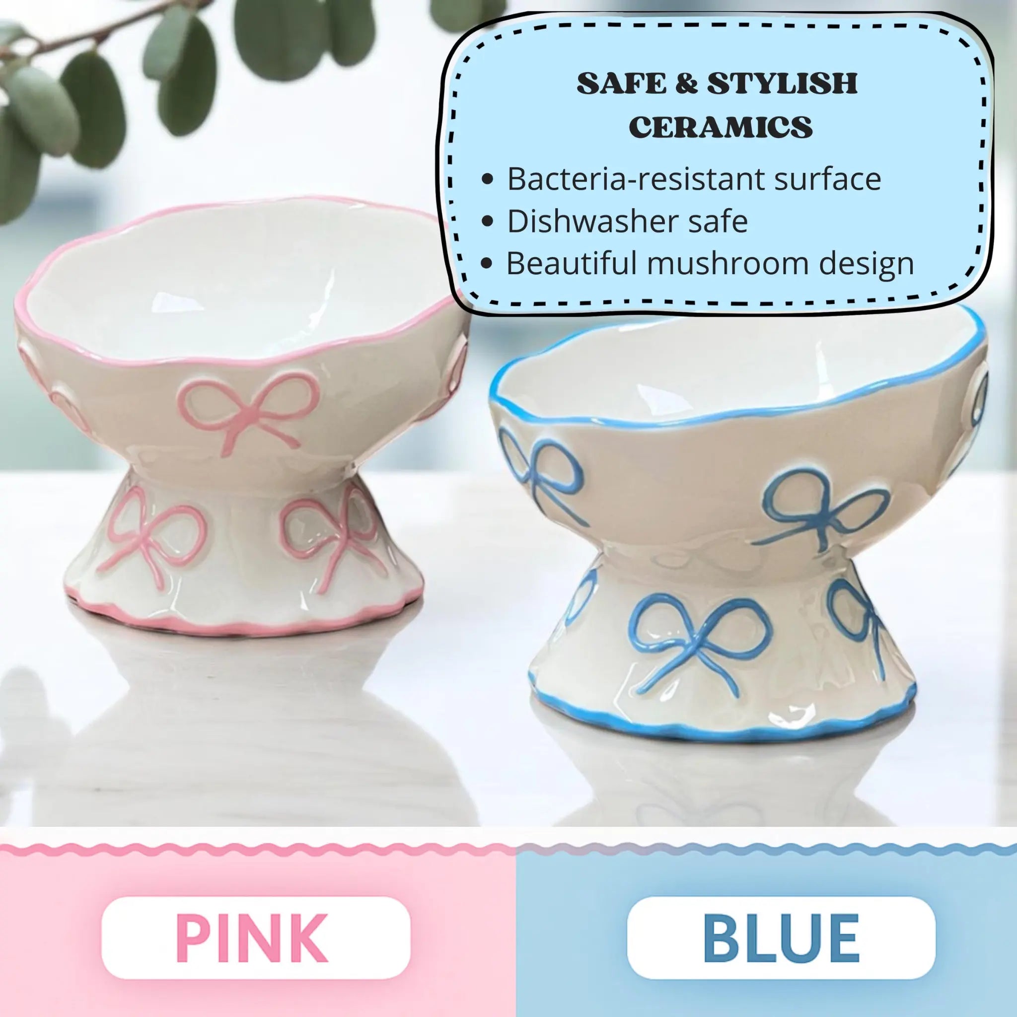 Infographic showing two ceramic cat bowls with pink and blue ribbons, highlighting bacteria-resistant and dishwasher safe features for pet safety.